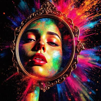 The primary subject of the image is a woman's face, which is prominently displayed in a mirror. The setting is a dark background, and the visual style appears to be a combination of photo and digital art. The woman's face is the main focus of the image, and the dominant colors are a mix of pink, red, and green, creating a vibrant and lively atmosphere.